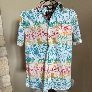 Mens JUST ATTITUDE Short Sleeve Button Down Graffiti Shirt, EUC!